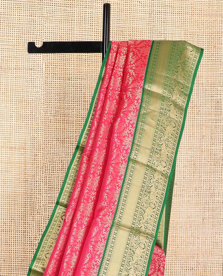 Red floral jaal design kancheepuram silk saree with contrast border of thilakam mokku, banaras, paun, muthu, yanai design & zari design pallu