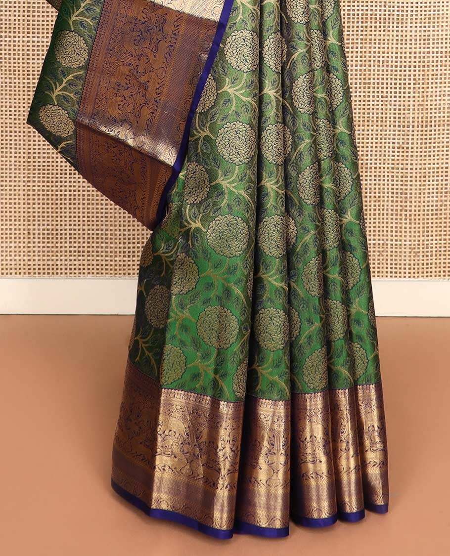 Green floral jaal jacquard wedding silk saree, contrast border of thilakam, muthu, banaras, yaanai, and yaali, kuyil kann, kathir, and kodi visiry designs, and jaal pallu