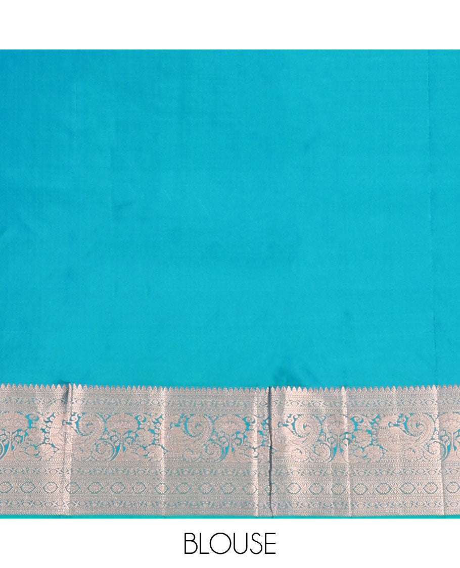 Blue vanasingari-style jacquard woven wedding silk saree, intricate pallu & border of thilakam mokku,kodi visiry,kathir,laddu kamalam & mayil