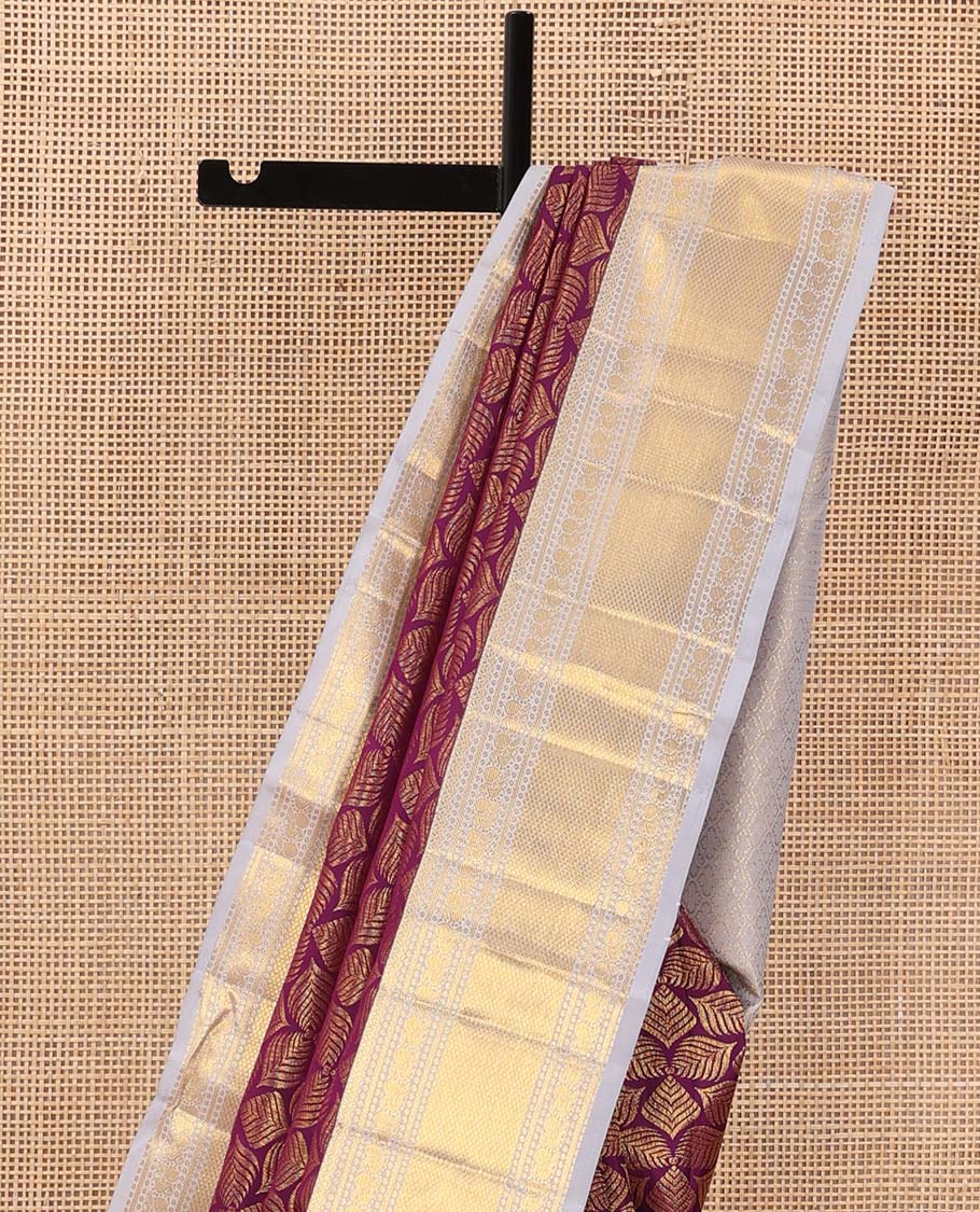 Purple jacquard wedding silk saree, contrast border of banaras, mayil, and mayil kann designs, and jaal pallu