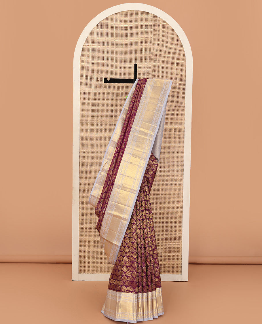 Purple jacquard wedding silk saree, contrast border of banaras, mayil, and mayil kann designs, and jaal pallu