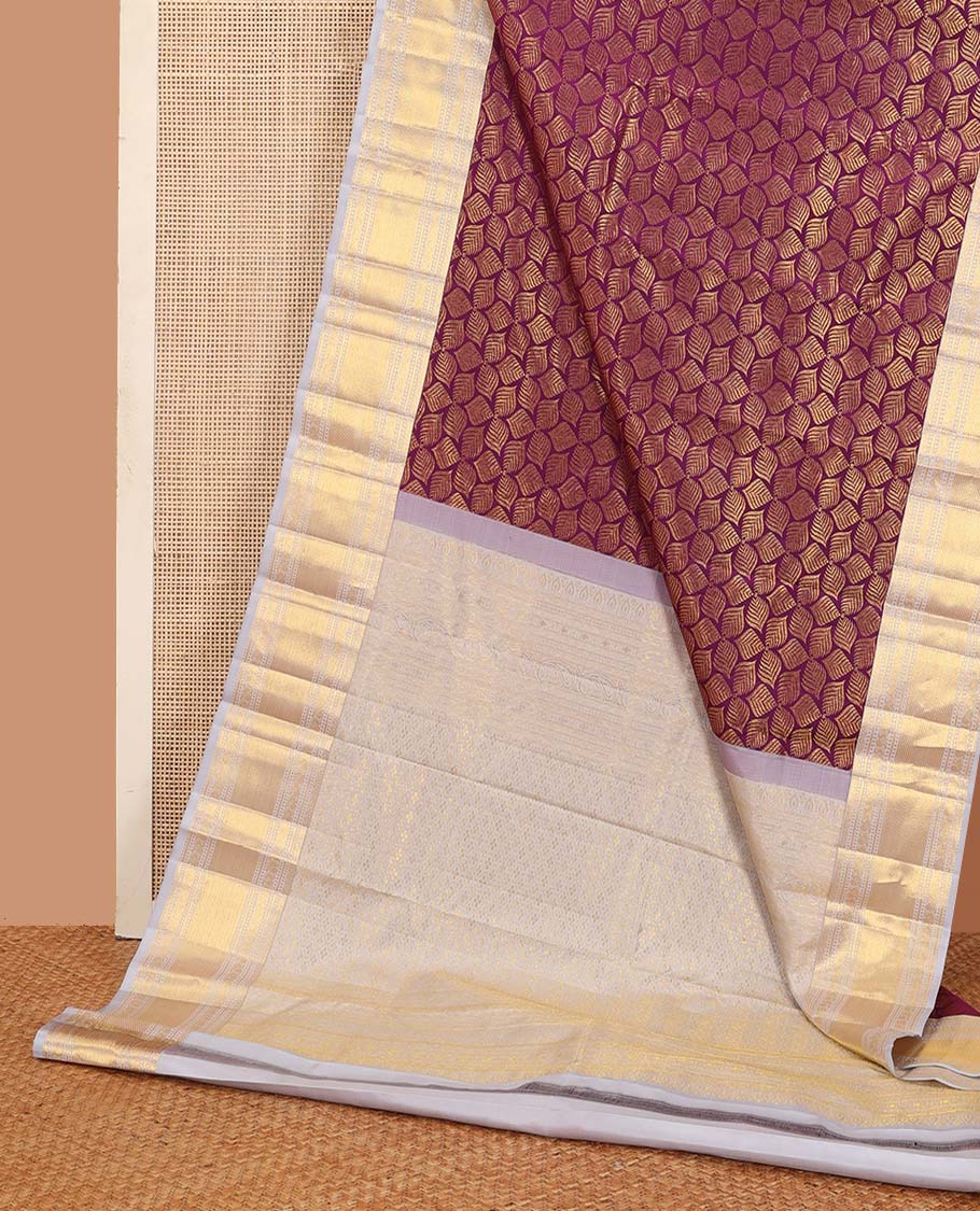 Purple jacquard wedding silk saree, contrast border of banaras, mayil, and mayil kann designs, and jaal pallu