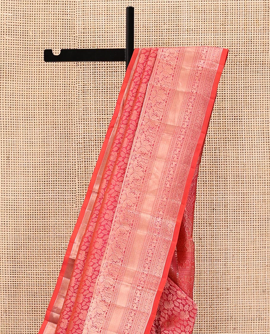 Red Kanchipuram Wedding Silk Saree, Beautified with Jacquard on Its Body, Highlighted by a Traditional Zari Border of Mayil Designs, Meticulously Pallu of Yaali Designs, and Paired with a Matching Blouse