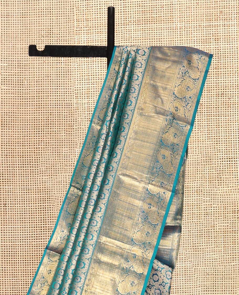 Blue Kanchipuram Wedding Silk Saree, Richly Detailed with Jacquard Design, a Zari Border of Rekku, Kathir, Laddu Kamalam, and Kodi Visiry, Grand Pallu, and a Matching Blouse