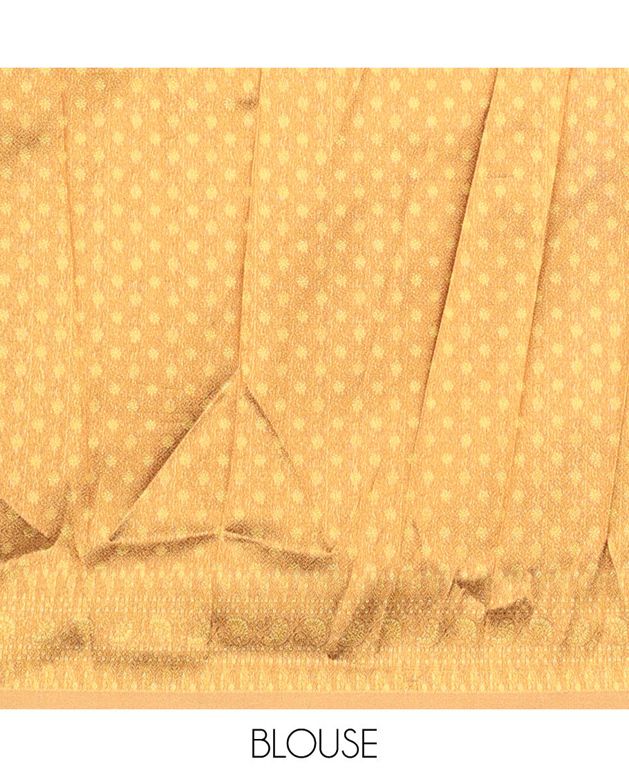 Beige art silk half-saree, brocade with contrast traditional border skirt, contrast brocade blouse, scallop embroidered dhavani, and detachable belt