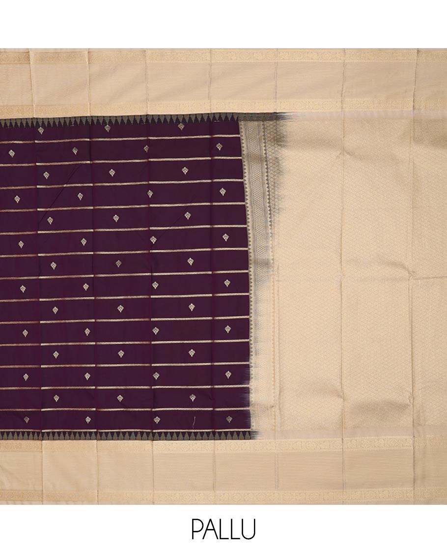 Eggplant purple zari buttas and striped gift saree, contrast traditional zari design woven border, and jaal pallu