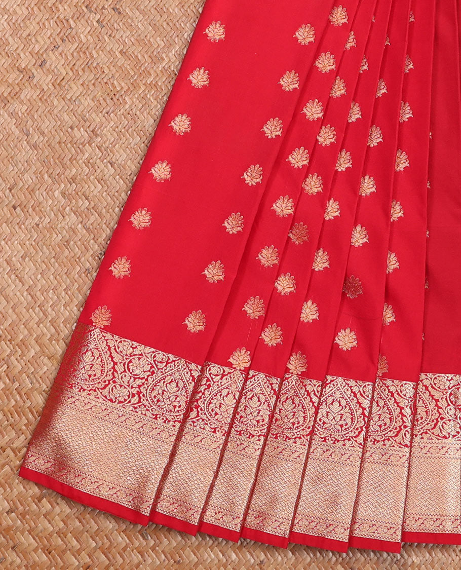 Dazzling Red Budget Silk Saree Enriched with Zari Buttas, Featuring a Traditional Zari-Design Border, Captivated with Contrast Jaal Pallu, and a Contrast Blouse