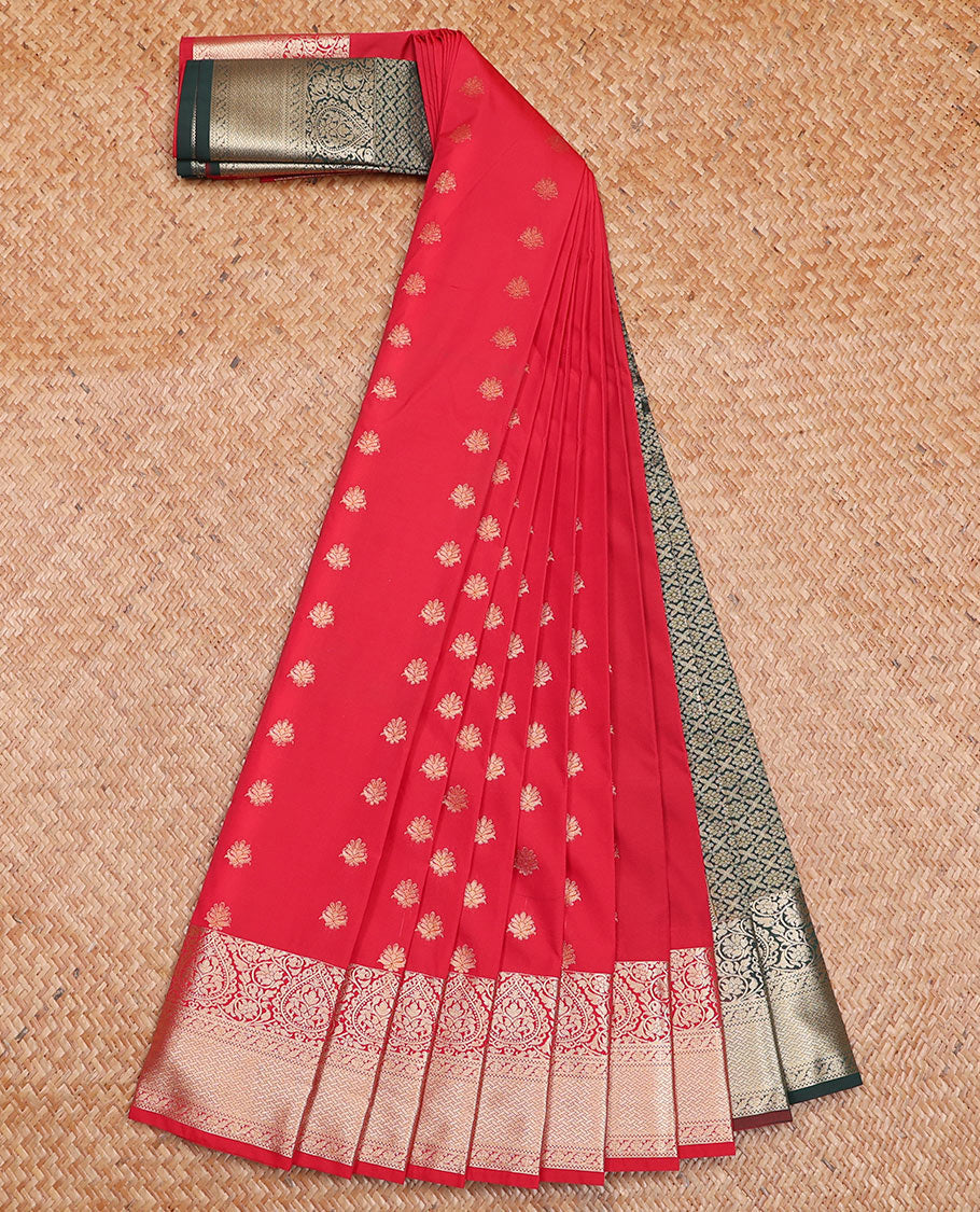 Dazzling Red Budget Silk Saree Enriched with Zari Buttas, Featuring a Traditional Zari-Design Border, Captivated with Contrast Jaal Pallu, and a Contrast Blouse