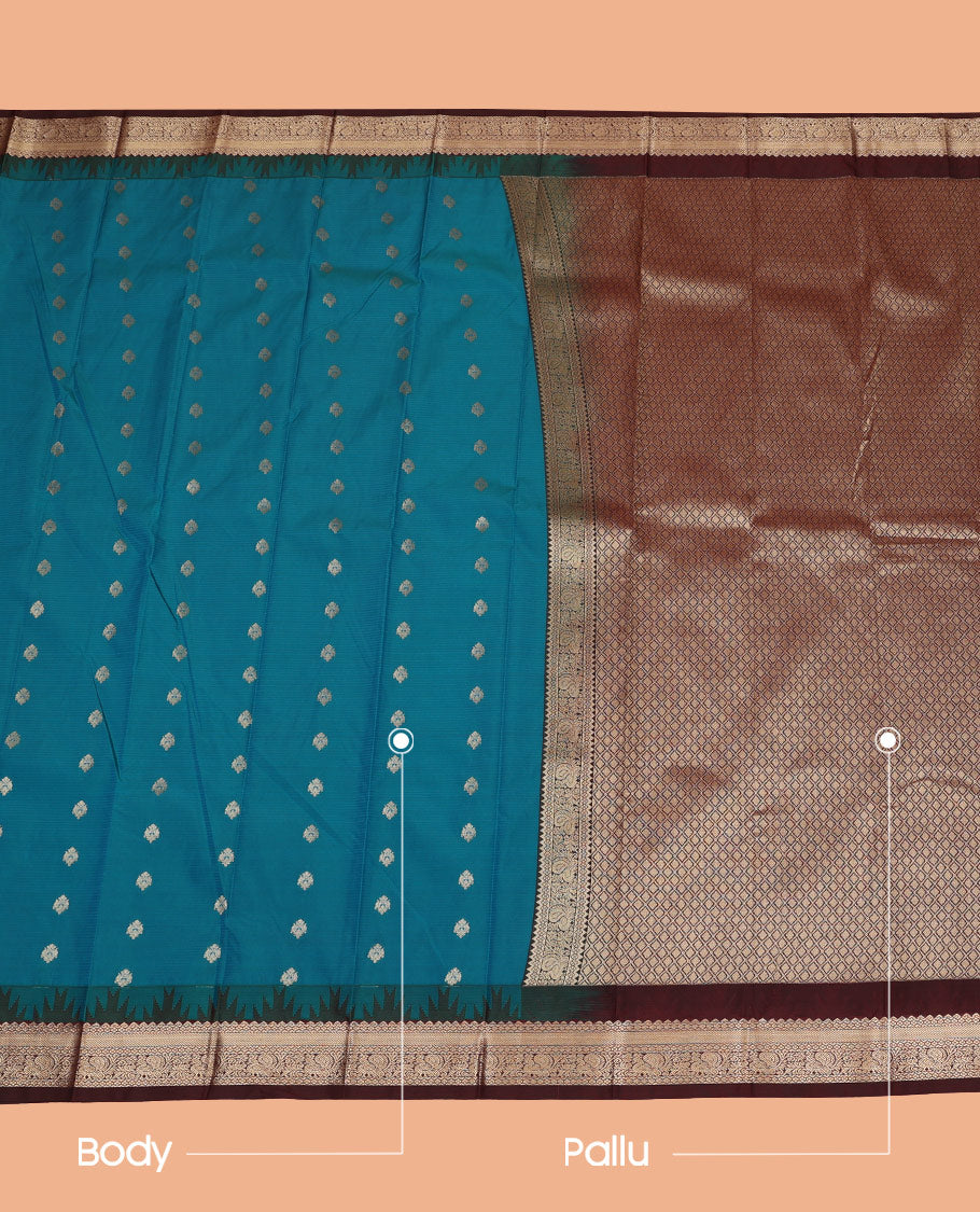 Blue Budget Silk Saree, Woven with Zari Buttas and Stripes on Its Body, Complemented by a Contrast Temple Traditional Zari Design Border, Grand Jaal Pallu, and Paired with a Contrast Blouse