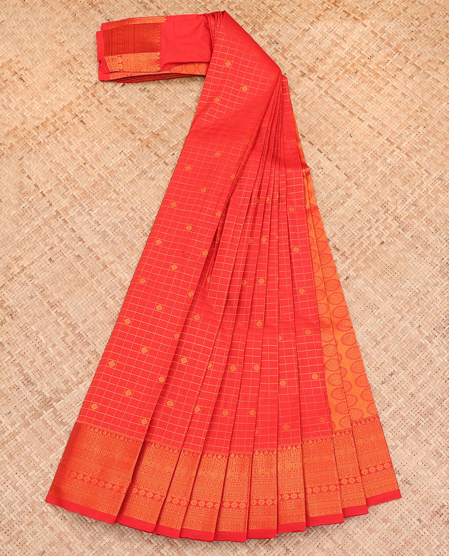 Red Budget Silk Saree, Bedecked with Zari Buttas and Checks All Over Its Body, Highlighted by a Traditional Zari Design Border, Grand Pallu, and Paired with a Matching Blouse