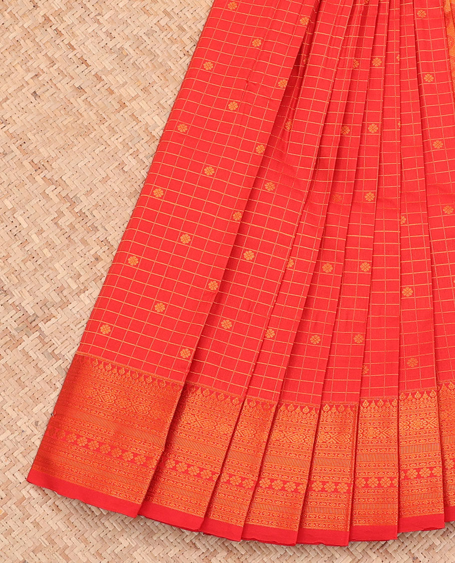 Red Budget Silk Saree, Bedecked with Zari Buttas and Checks All Over Its Body, Highlighted by a Traditional Zari Design Border, Grand Pallu, and Paired with a Matching Blouse