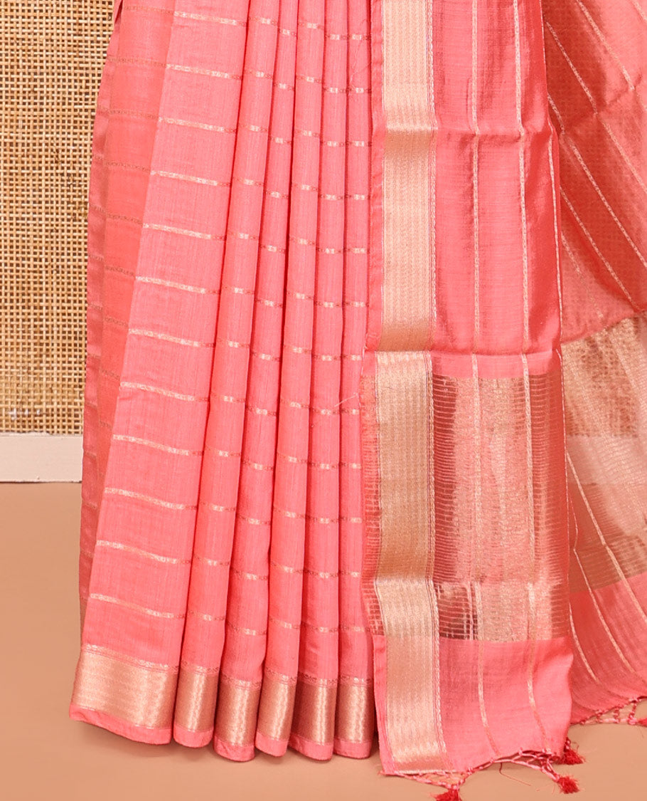 Pink Assam Silk Saree, Crafted with Zari Stripes, a Traditional Zari Border, a Gleaming Zari-Striped Pallu, and a Contrast Blouse