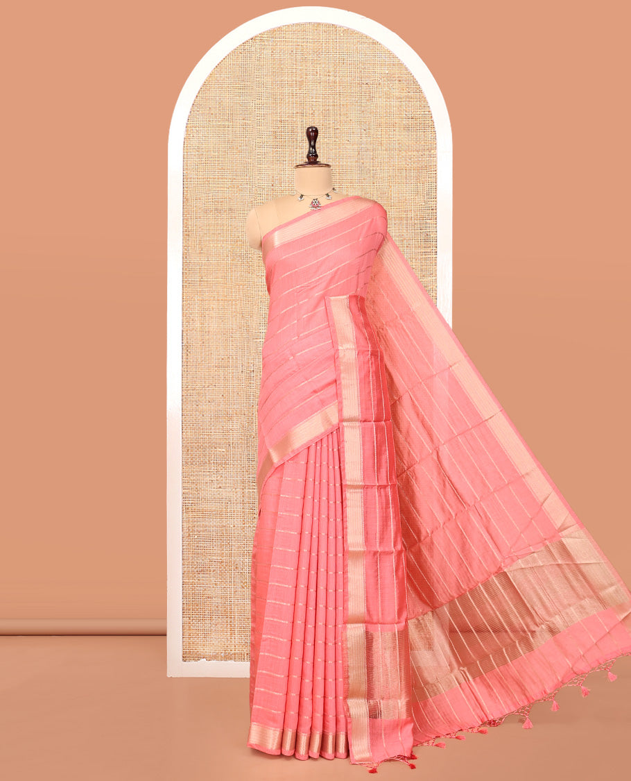 Pink Assam Silk Saree, Crafted with Zari Stripes, a Traditional Zari Border, a Gleaming Zari-Striped Pallu, and a Contrast Blouse