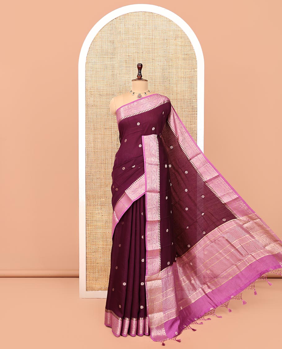Wine Assam Silk Saree, Bedecked with Flower Buttas, Complemented by a Contrast Traditional Border, Zari-Design Pallu, and a Contrast Blouse