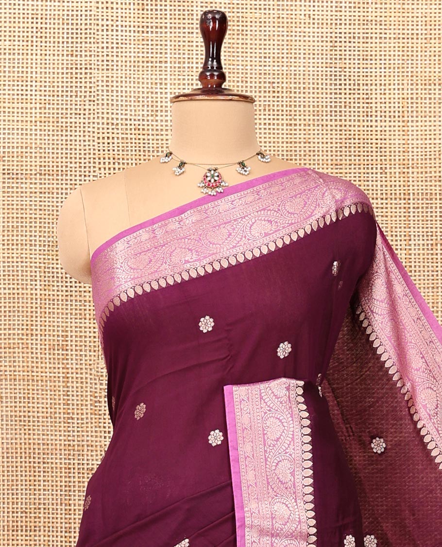 Wine Assam Silk Saree, Bedecked with Flower Buttas, Complemented by a Contrast Traditional Border, Zari-Design Pallu, and a Contrast Blouse