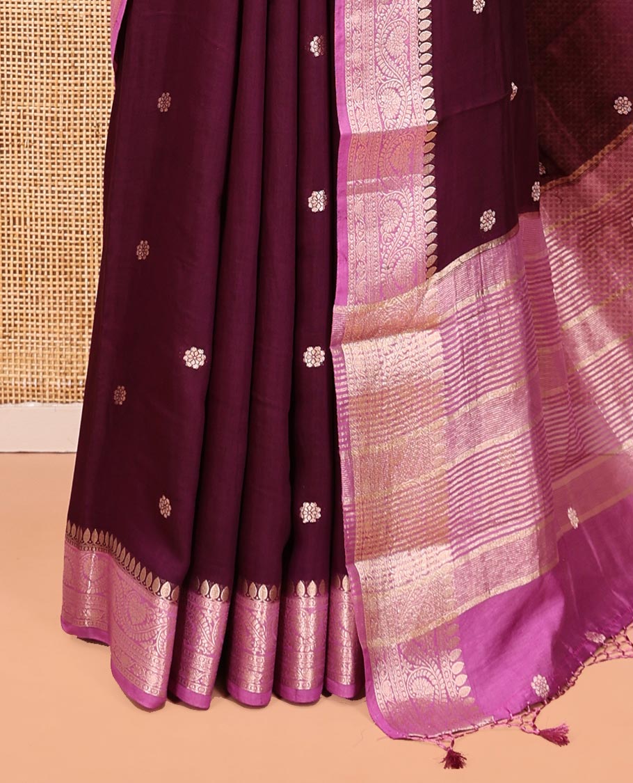Wine Assam Silk Saree, Bedecked with Flower Buttas, Complemented by a Contrast Traditional Border, Zari-Design Pallu, and a Contrast Blouse