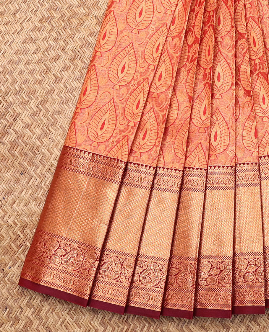 Peach Budget Silk Saree, Charmingly Accented with Jacquard, Complemented by Contrast Traditional Zari Border, Grand Jaal Pallu, and a Contrast Blouse