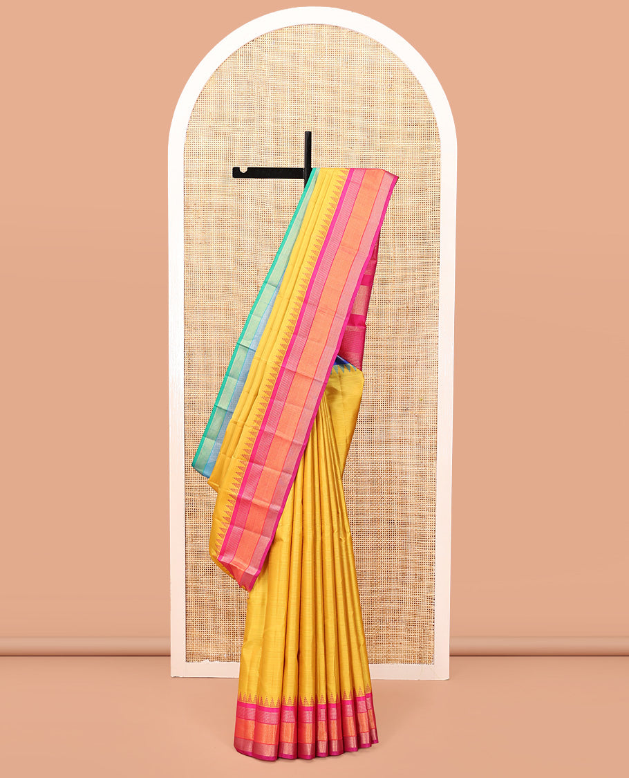 Yellow-Striped Bangalore Silk Saree, Complemented by a Contrast Temple Ganga-Jamuna Border, Pallu of Temple and Neli Designs, and a Contrast Blouse