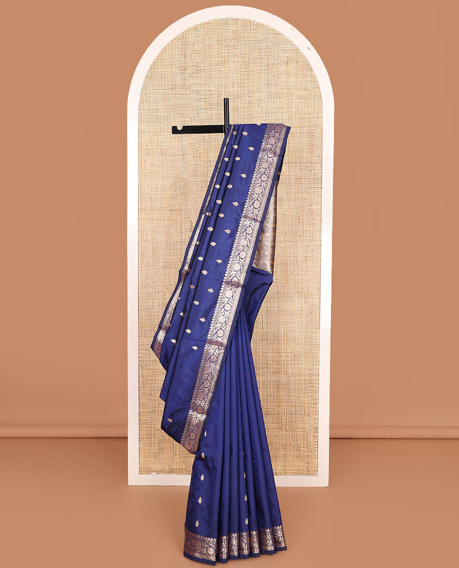 Blue buttas banarasi kathan silk saree, floral creeper border, and floral jaal design pallu