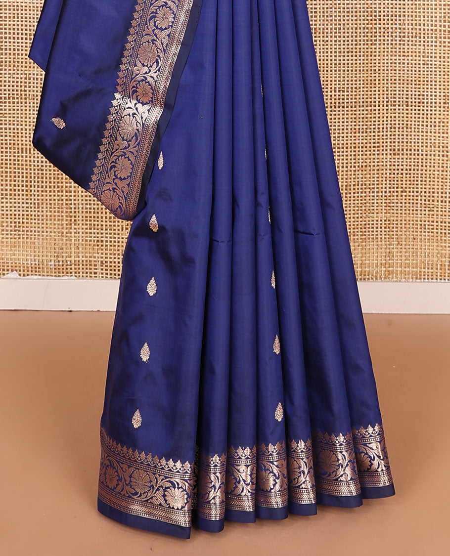 Blue buttas banarasi kathan silk saree, floral creeper border, and floral jaal design pallu