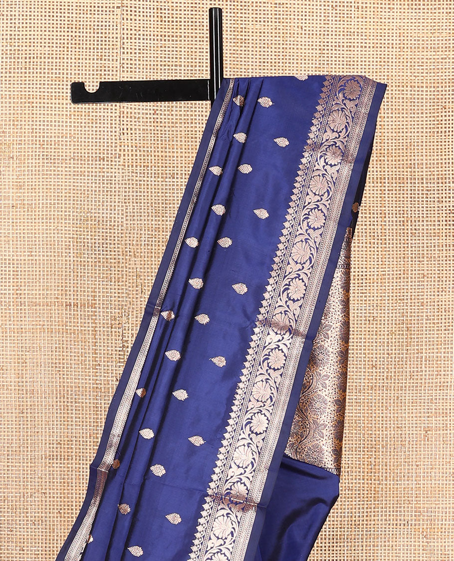 Blue buttas banarasi kathan silk saree, floral creeper border, and floral jaal design pallu