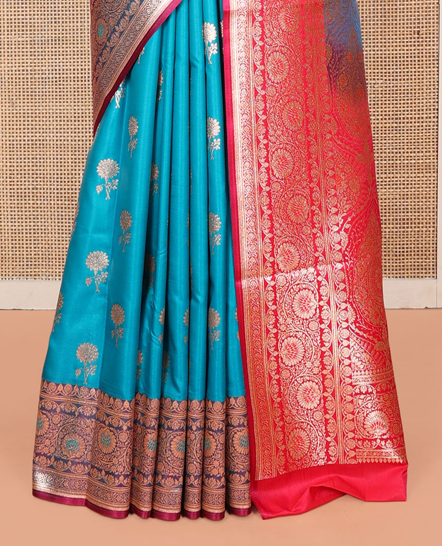 Blue Banarasi Nylon Saree, Decorated with Floral Buttas, Contrast Floral Creeper Zari Border, Intricate Pallu, and a Contrast Blouse