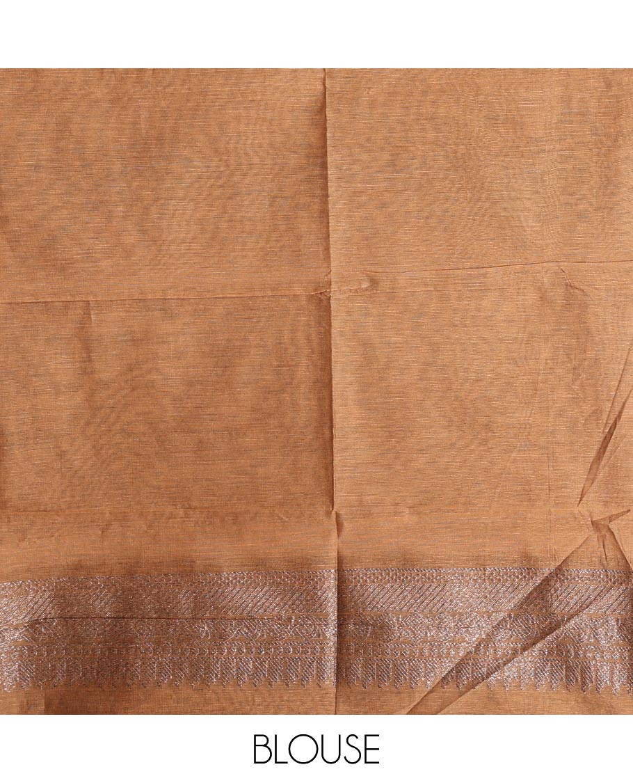 Borderless peacock blue zari buttas semi-silk cotton saree, contrast zari floral woven pallu