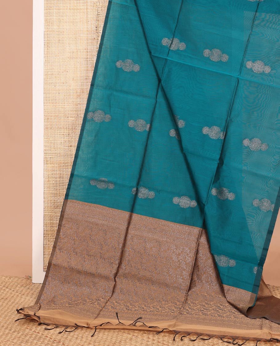 Borderless peacock blue zari buttas semi-silk cotton saree, contrast zari floral woven pallu