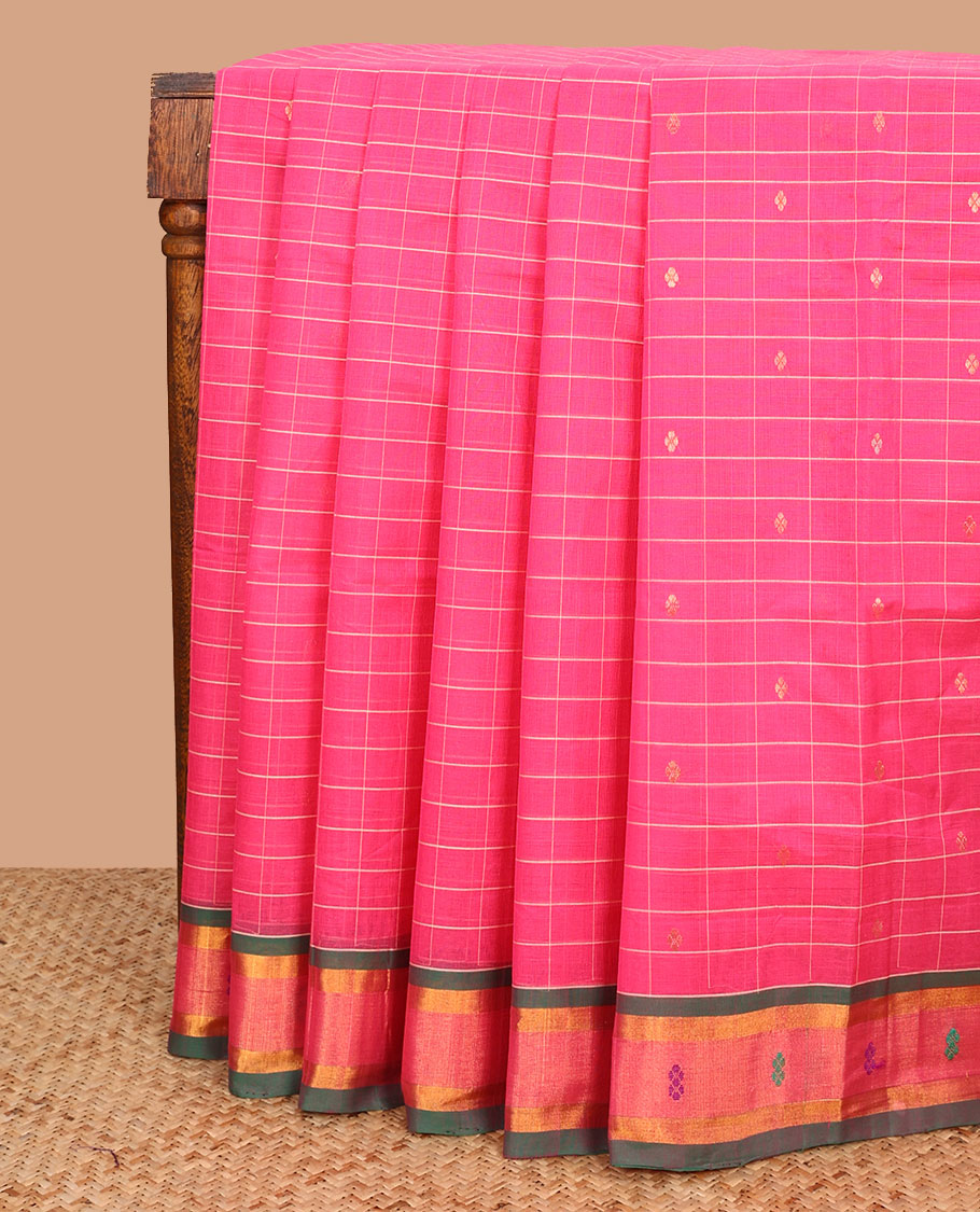 Pink checked and zari buttas Venkatagiri cotton saree with contrast thread woven border, and pallu of zari stripes