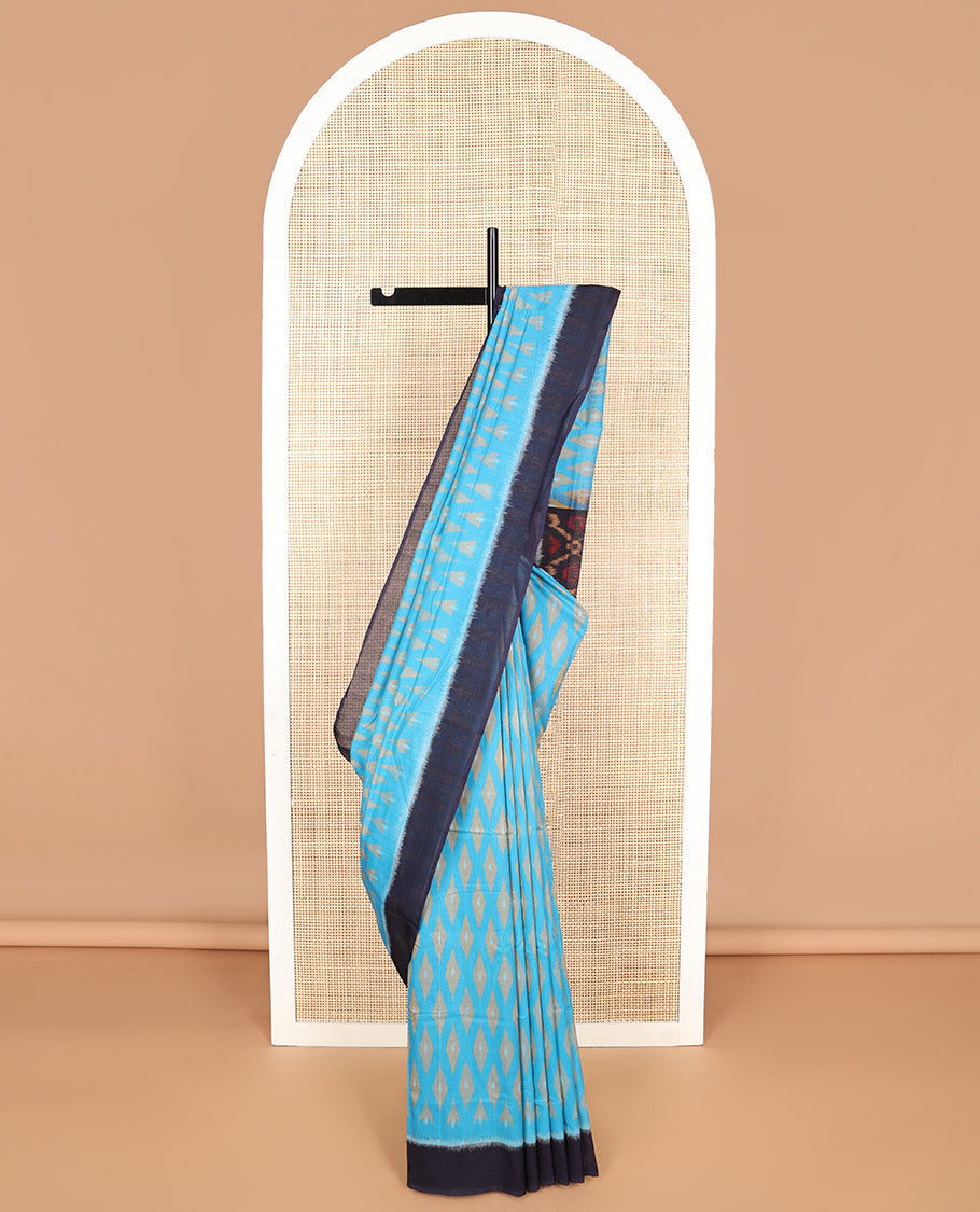 Light blue geometric design ikkat cotton saree with contrast border & argyle design pallu