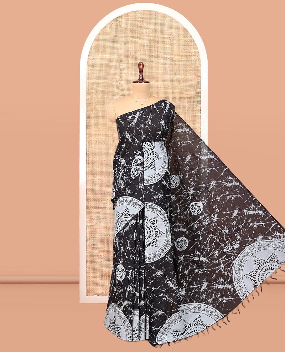 Borderless Black-Grey Poly Cotton Saree, Decked Up with Batik Print, a Self-Printed Pallu, and a Matching Blouse