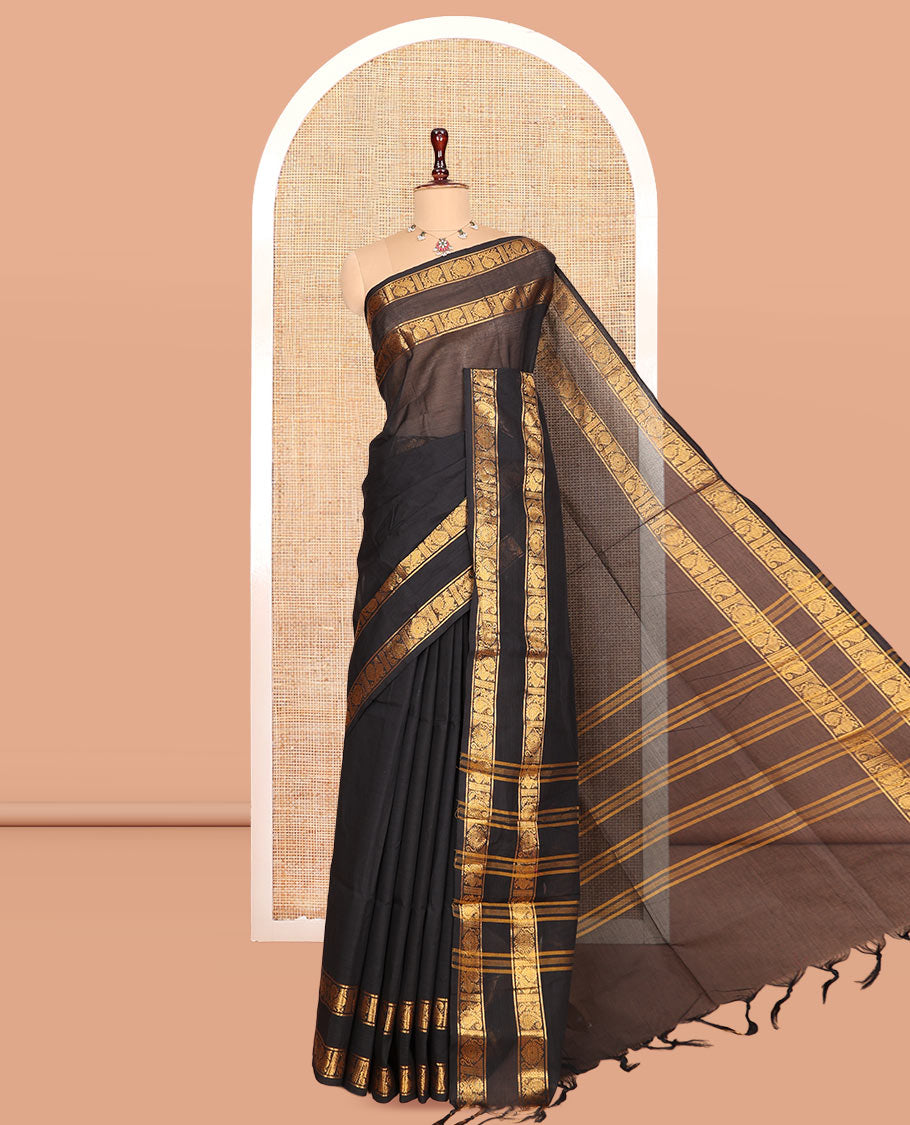 Black Plain Chettinad Cotton Saree, Highlighted by a Rettai Pettu Traditional Border, Striped Pallu, and a Matching Blouse