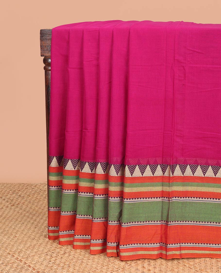 Pink narayanapet cotton saree with contrast temple border & striped pallu