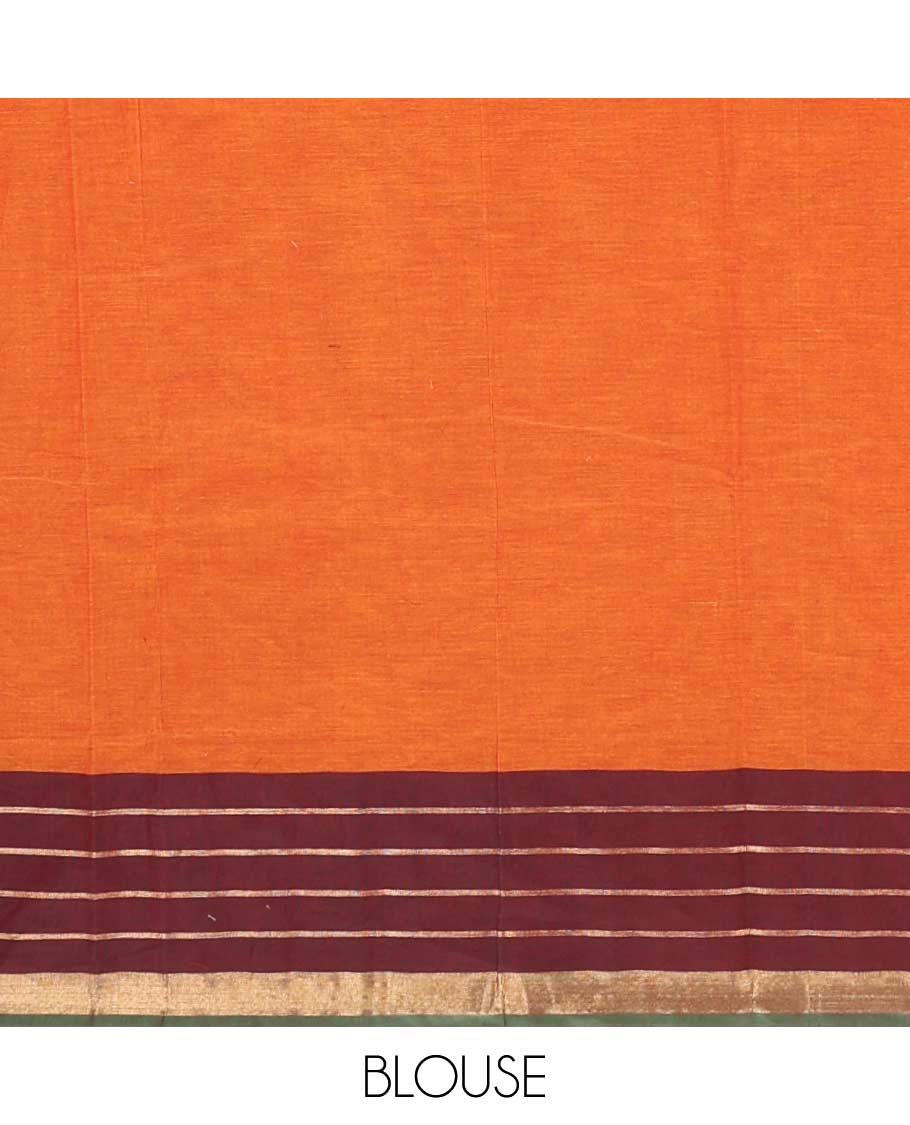 Orange chakra, and paisley buttas Coimbatore cotton saree, contrast butta enclosed checked border, and pallu of paisleys and chevron design