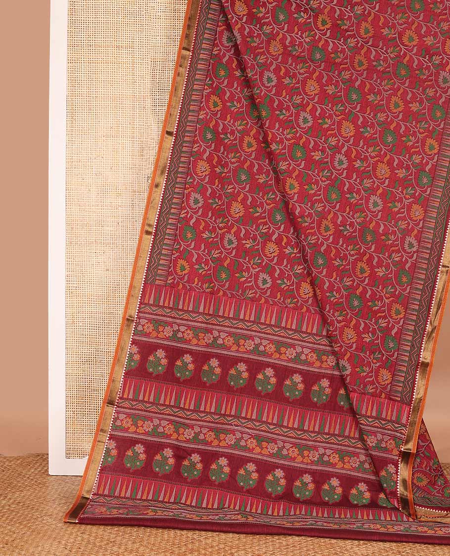 Red floral vine printed mul mul cotton saree, contrast temple border, and pallu of floral print