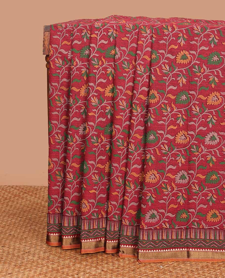 Red floral vine printed mul mul cotton saree, contrast temple border, and pallu of floral print
