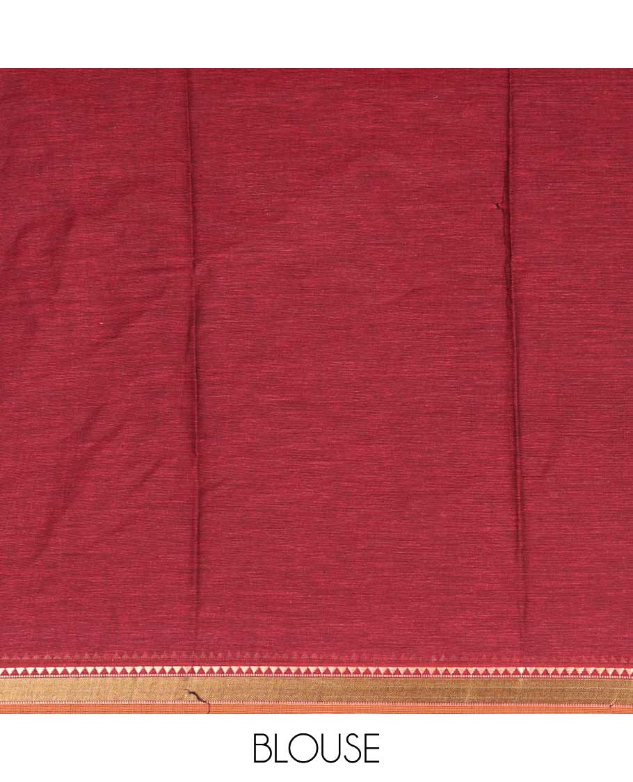 Red floral vine printed mul mul cotton saree, contrast temple border, and pallu of floral print