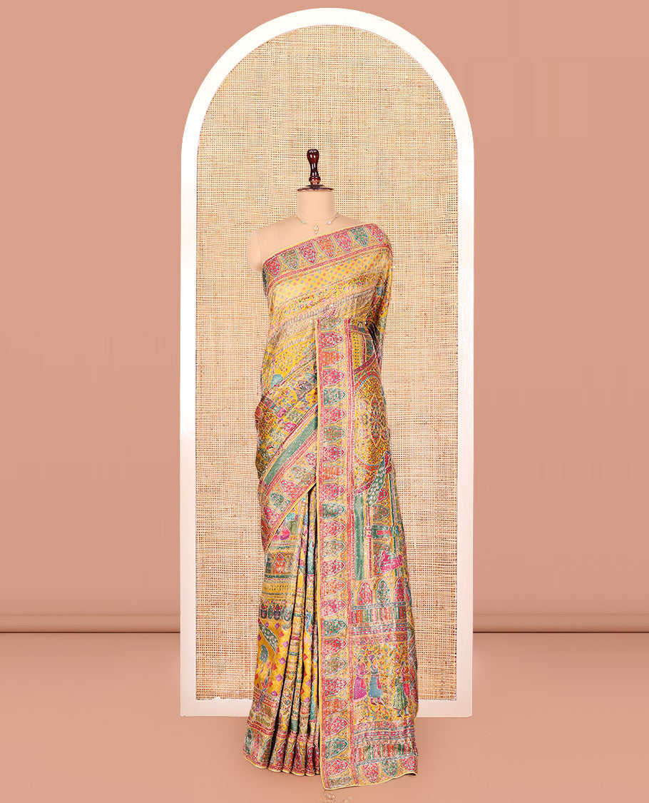 Yellow Dola Silk Saree, Beautifully Bedecked with Colorful Intricate Mughal-Style Design on Its Body, Complemented by Contrast Mughal-Style Border, Pallu of Mughal-Style Design, and Paired with a Matching Blouse