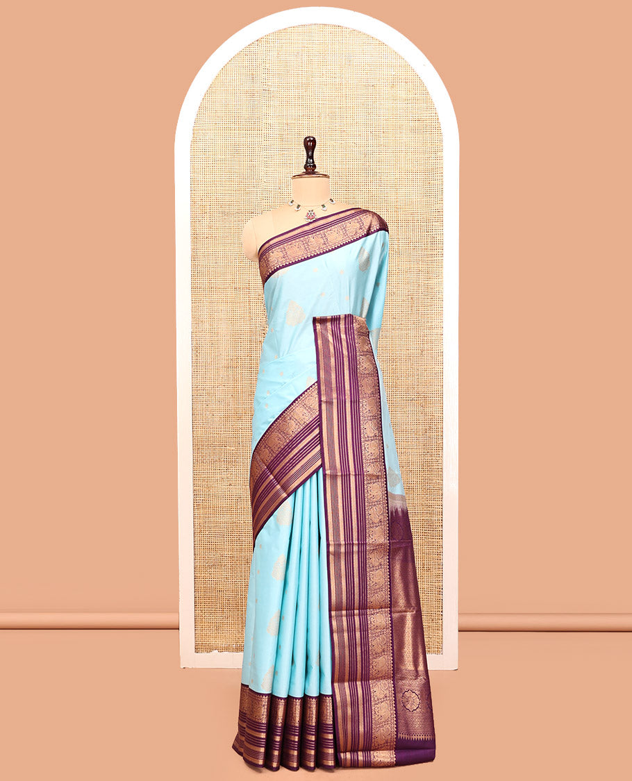 Sky Blue-Purple Budget Silk Saree Features Buttas, Contrast Elephant Border, Pallu, Contrast Blouse