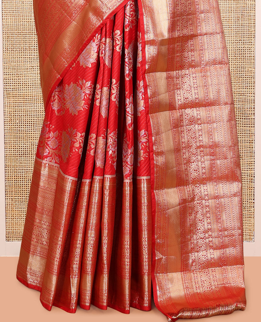 Red Floral Jacquard Budget Silk Saree, a Traditional Zari Border, Jaal Pallu, and Matching Blouse