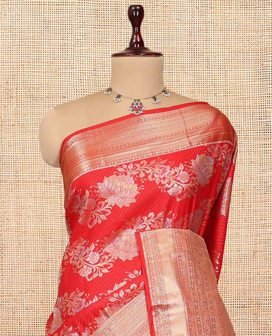 Red Floral Jacquard Budget Silk Saree, a Traditional Zari Border, Jaal Pallu, and Matching Blouse