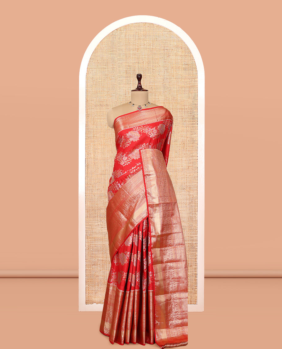 Red Floral Jacquard Budget Silk Saree, a Traditional Zari Border, Jaal Pallu, and Matching Blouse