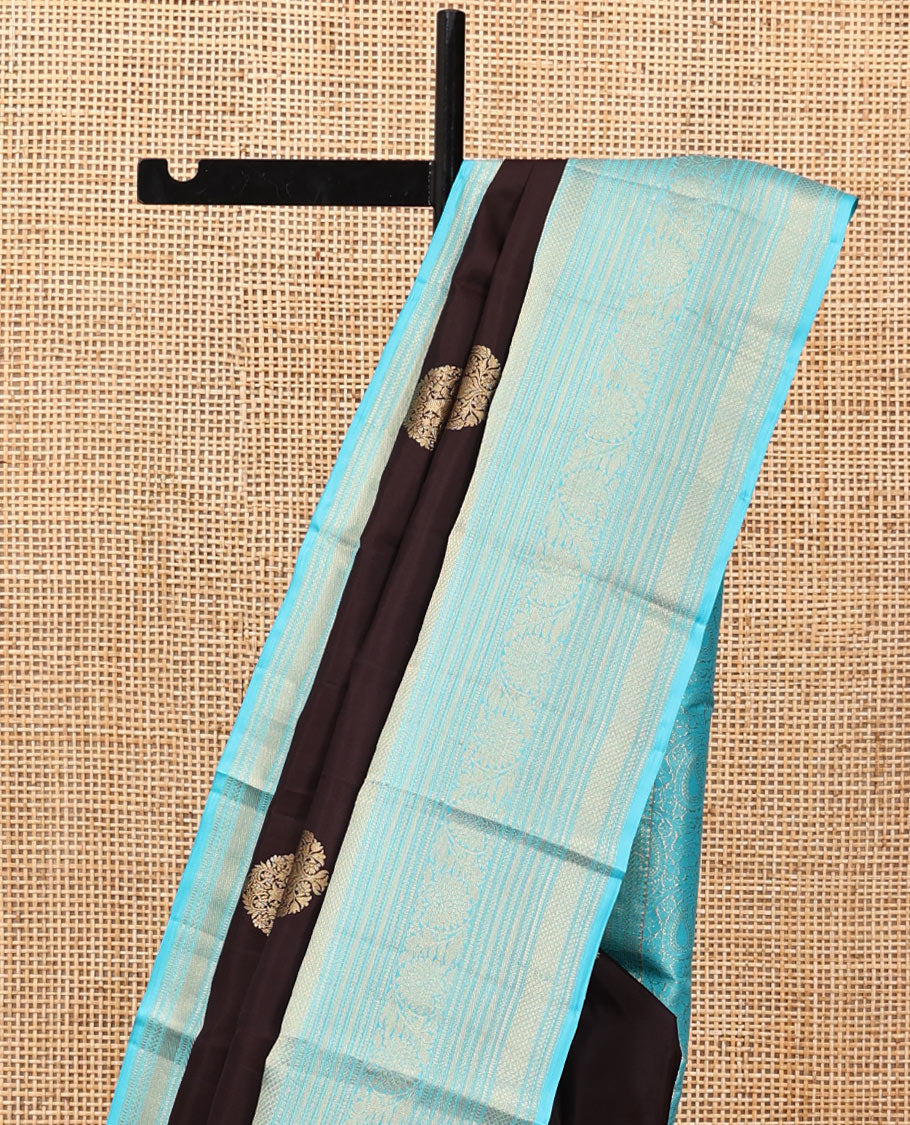Brown Vasundhara Silk Saree, Spotlighted with Zari Buttas All Over Its Body, Complemented by a Contrast Border of Kodi Visiry Designs, a Grand Pallu, and Paired with a Contrast Blouse