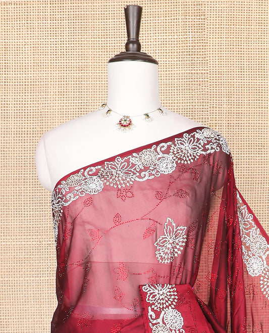 Red floral-vine Swarovski stone embroidery designer saree, scallop Swarovski stone embroidery border