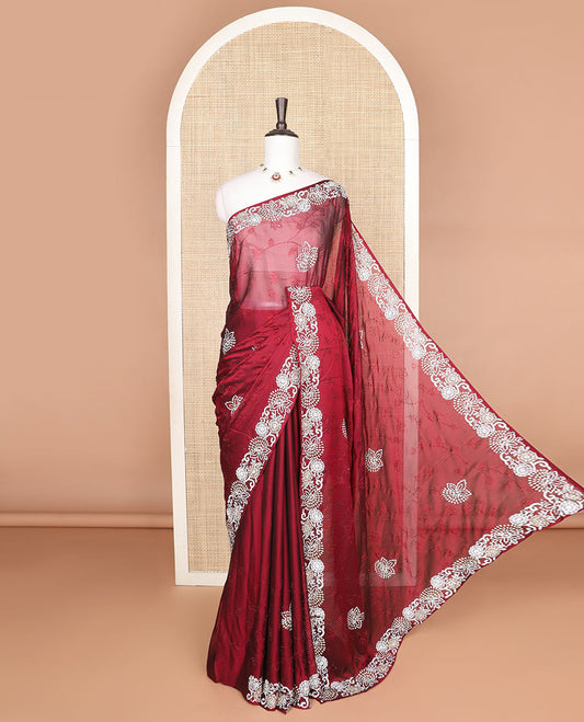 Red floral-vine Swarovski stone embroidery designer saree, scallop Swarovski stone embroidery border