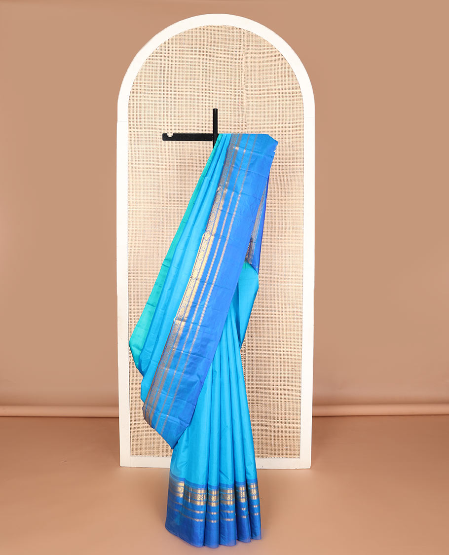 Blue plain design silk saree, contrast border of kuyil kann,muthu,neli & jada nagam designs & zari design pallu