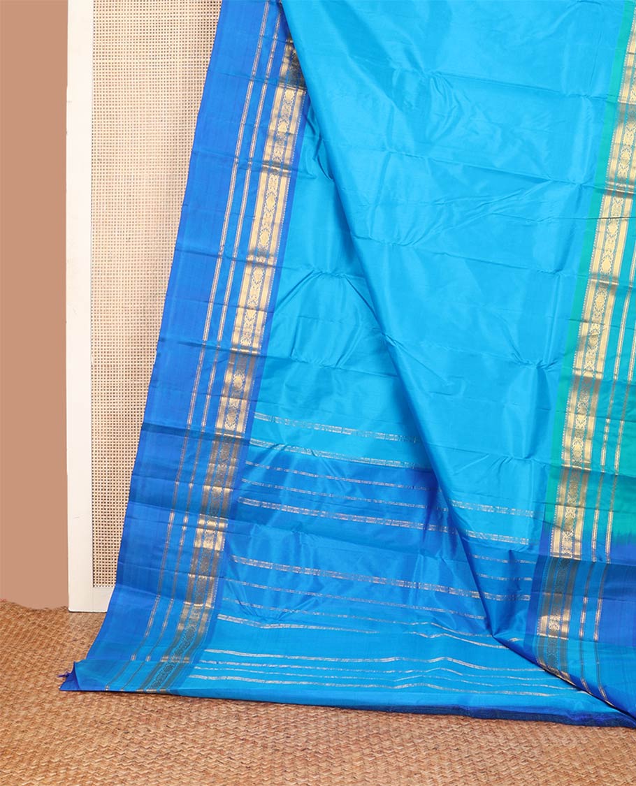 Blue plain design silk saree, contrast border of kuyil kann,muthu,neli & jada nagam designs & zari design pallu