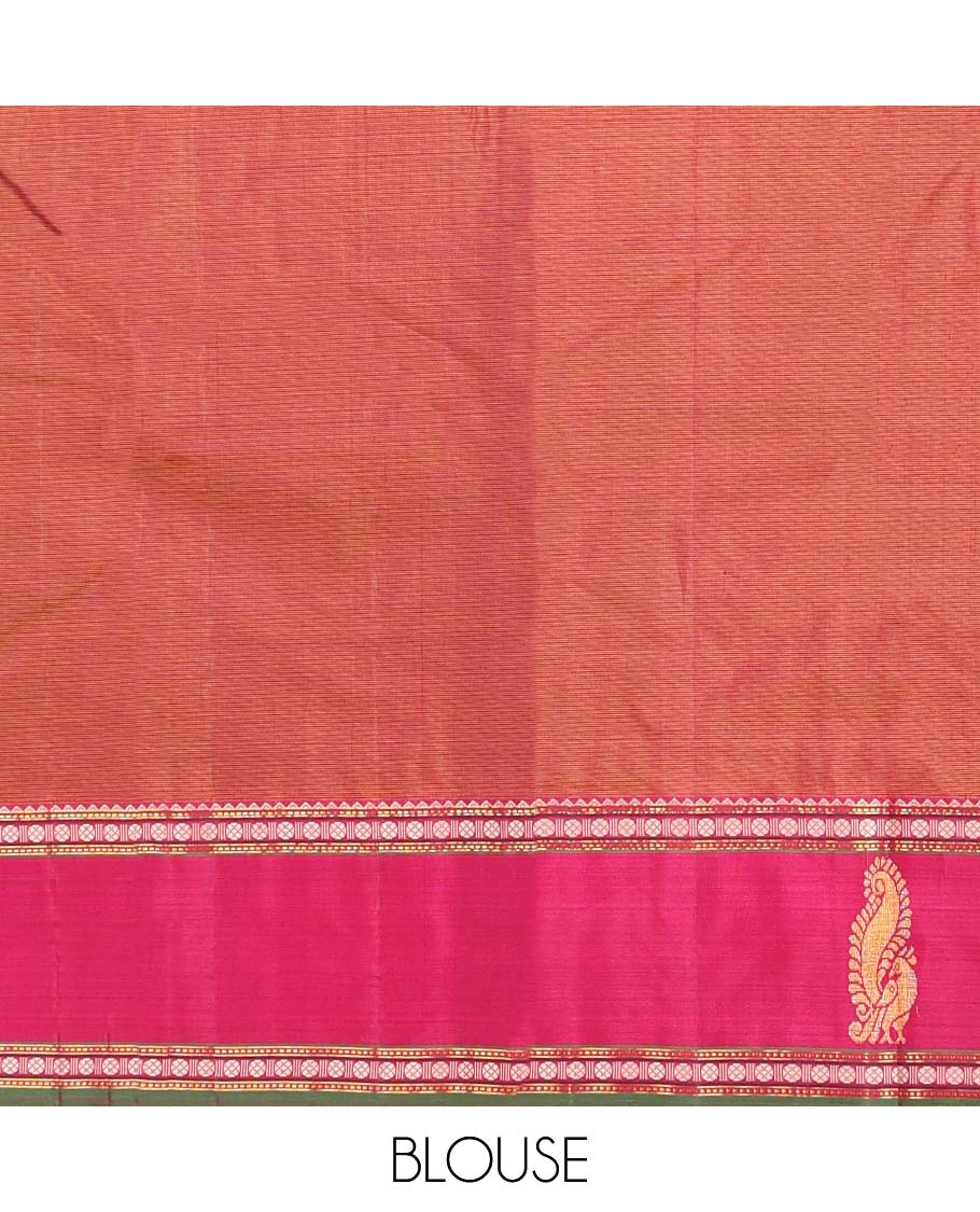Brown plain Kanchipuram silk saree, contrast border of rekku, muthu, rudraksham, and mayil designs, and zari striped pallu