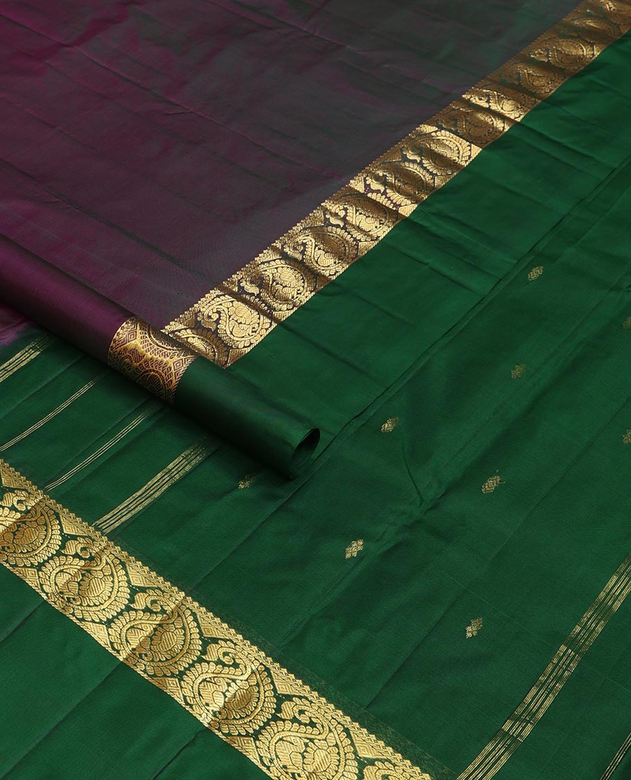 Purple zari buttas Kanchipuram silk saree, contrast border of mayil butta enclosed manga designs, and zari design pallu