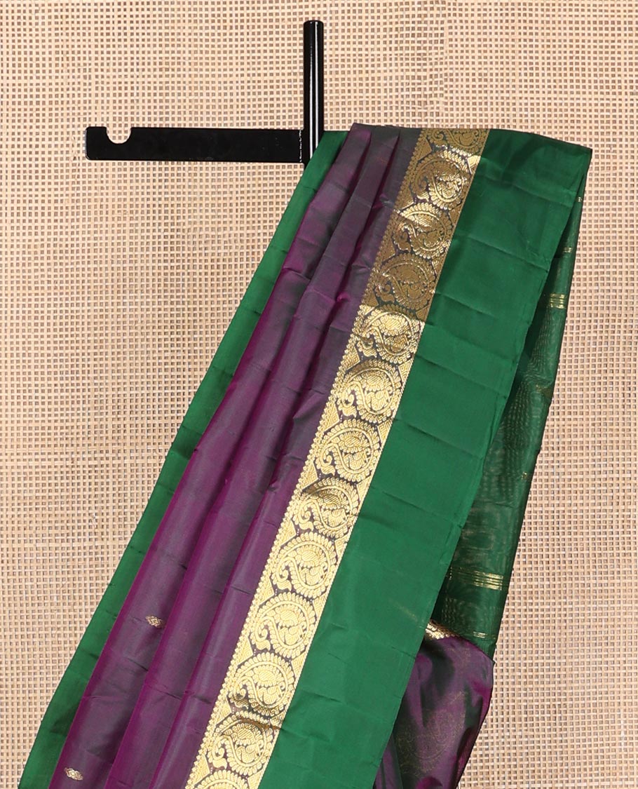 Purple zari buttas Kanchipuram silk saree, contrast border of mayil butta enclosed manga designs, and zari design pallu